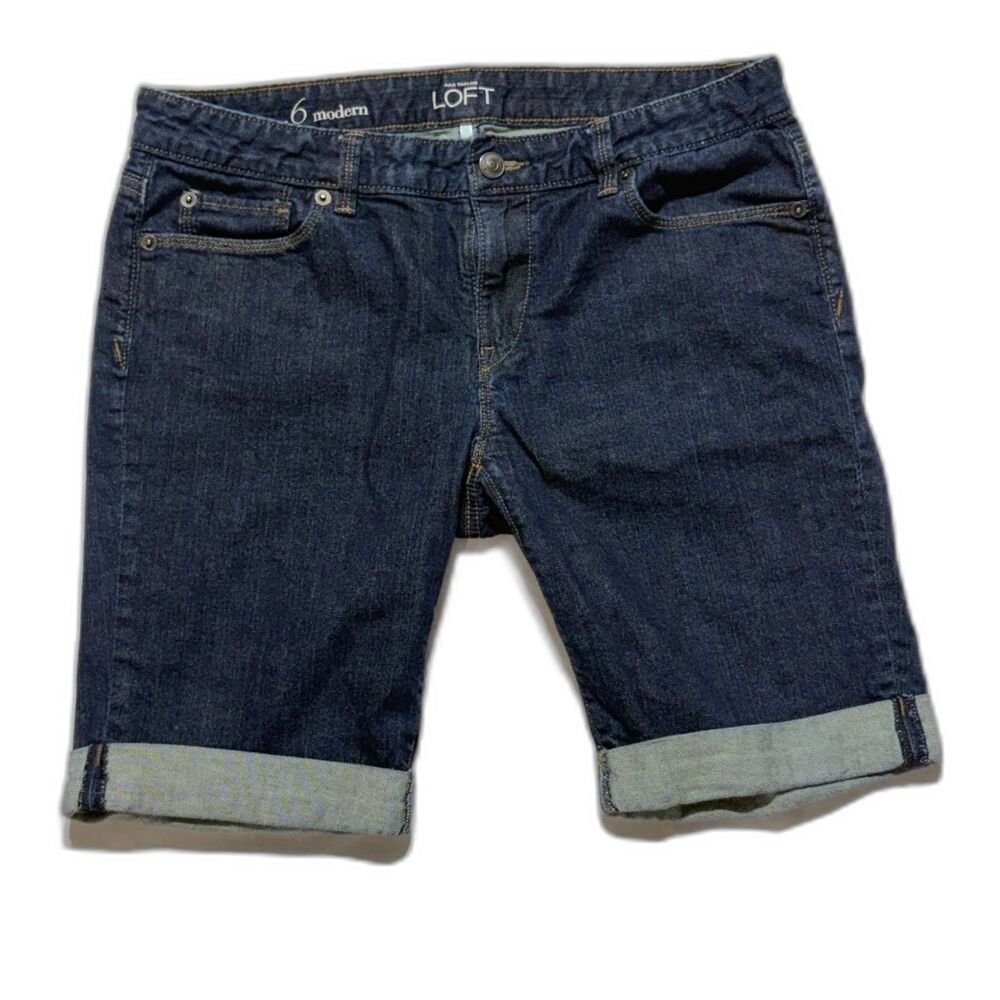 LOFT Modern Mid Rise Bermuda Denim Shorts Women Size 6 Dark Wash Rolled Cuff